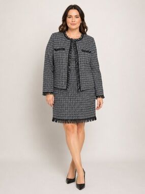 Laundry by Shelli Segal Tweed Shift Dress Blazer 2 Piece Set Gray Black Size 12